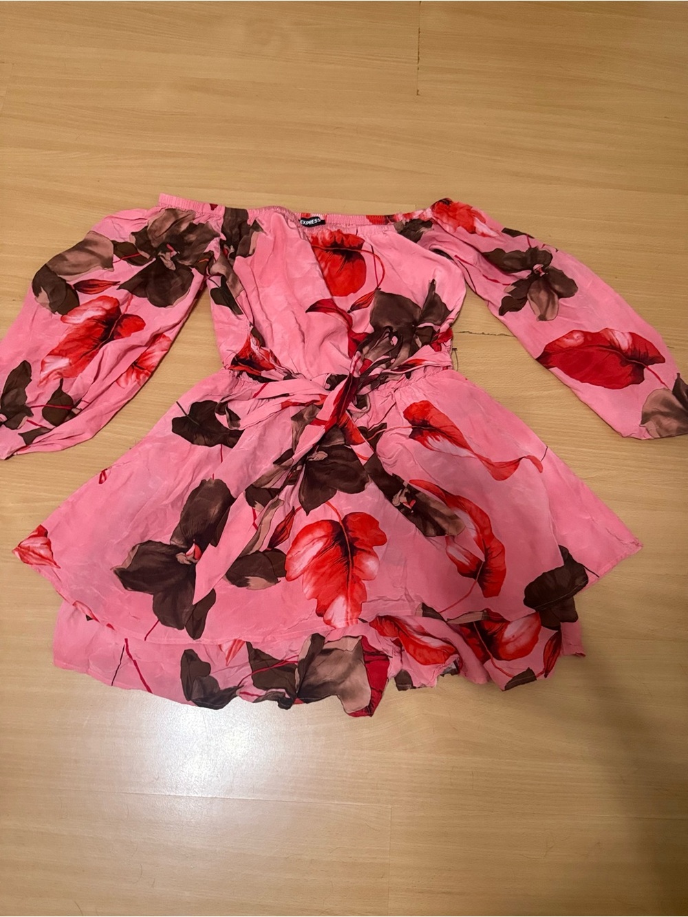 Express Pink Floral Off-Shoulder Dress with Red & Brown Print